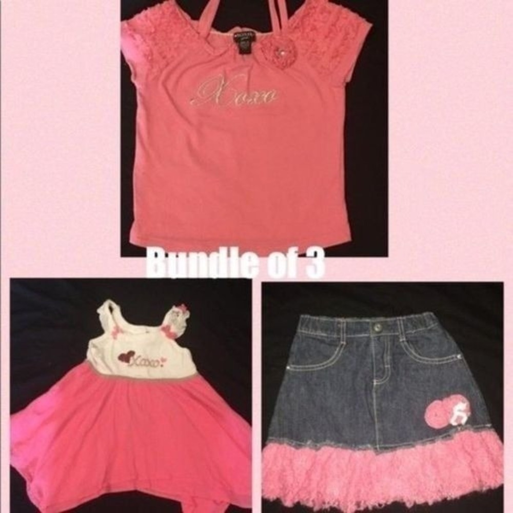XOXO Girls Size 5 3 PC Outfit Bundle Dress Denim Skort Cold Shoulder Ruffle Tops